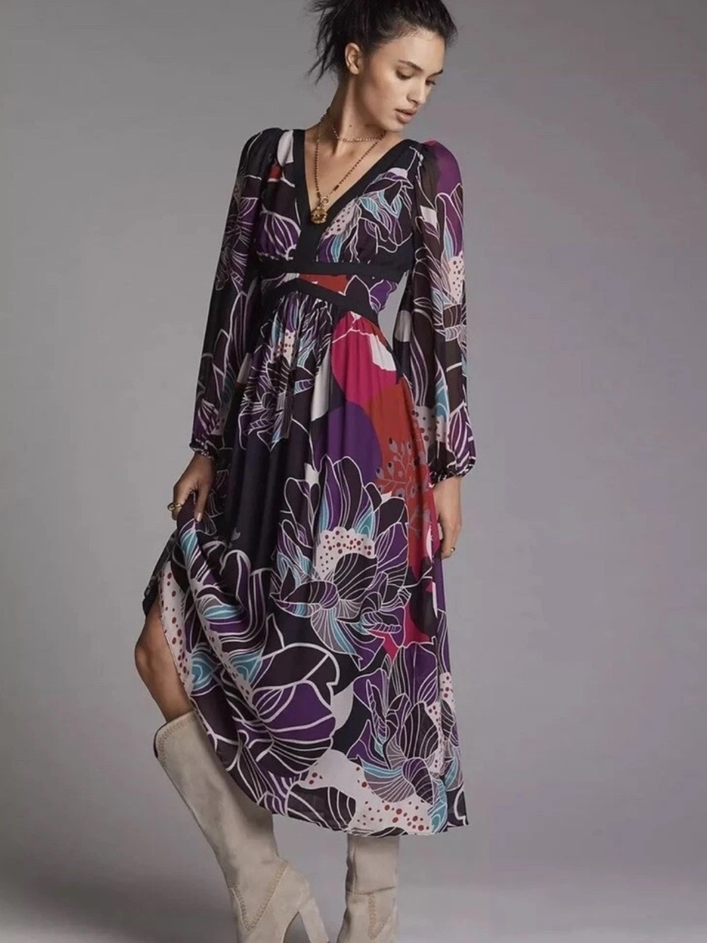 Anthropologie Let Me Be Floral V-Neck Long Sleeve Maxi Dress XS/S
